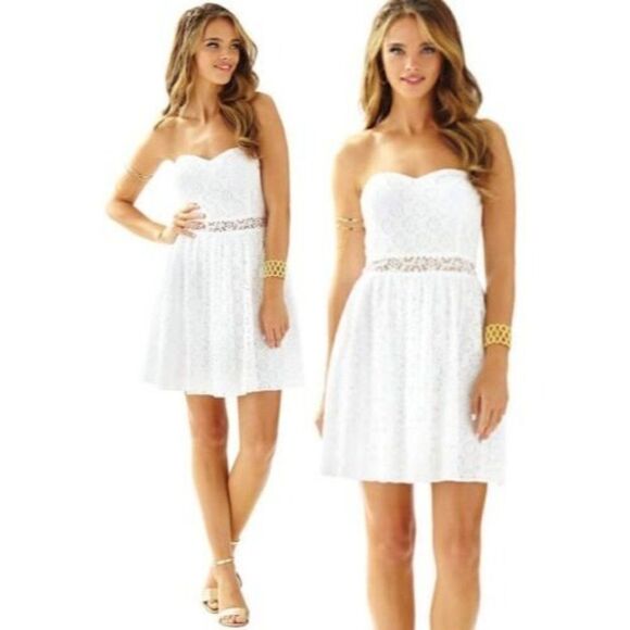 Lilly Pulitzer Brett Resort White Floral Hexagon Lace Strapless Dress XS - Picture 1 of 8